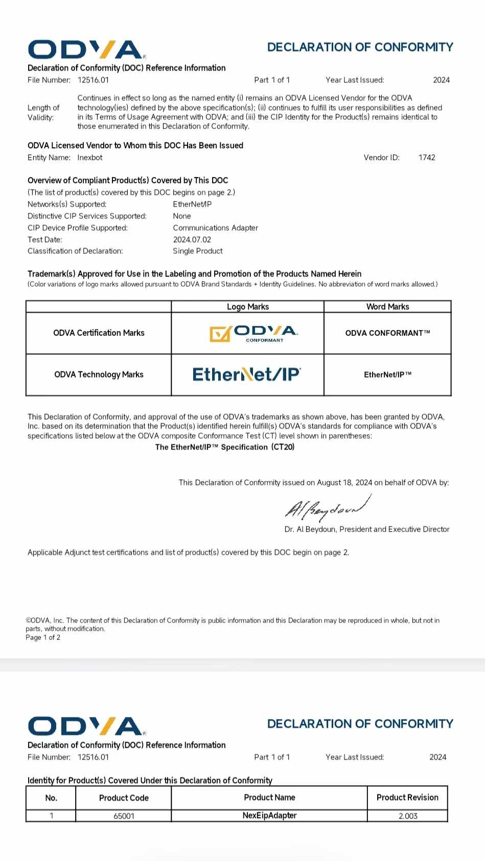 iNexBot Ethernet/IP certification